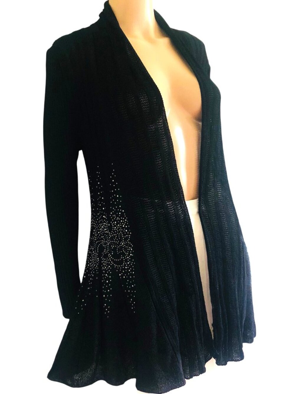 KE KE Glam Rhinestone Sparkle Flare Hem Open Front Ribbed Black Cardigan Sz S